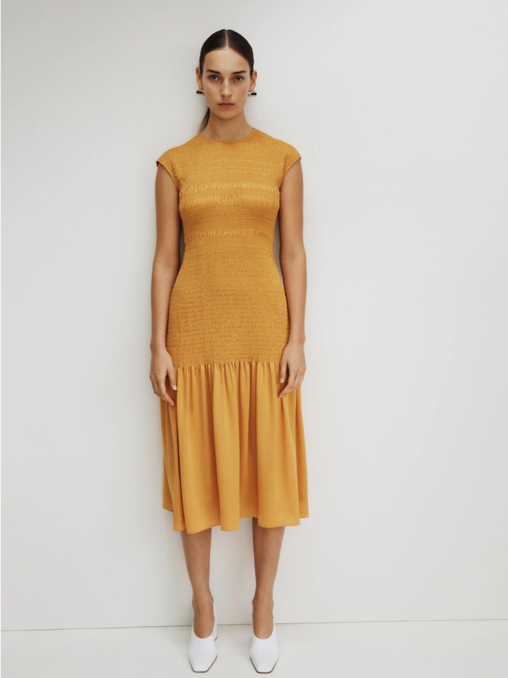 Lafayette‎ 148 Women's Gold Smocked Cap-Sleeve Flounce Midi Dress Size XS